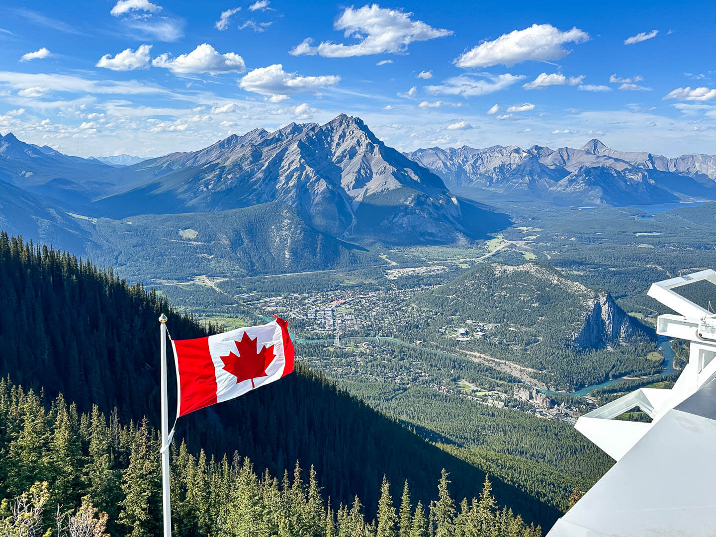 バンフの展望台から望むカナディアンロッキーの絶景と、風になびくカナダ国旗